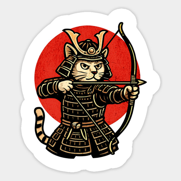 Samurai Cat Archer, Japanese Warrior Neko Vintage Art Gift Magnet by Pixel Threads 