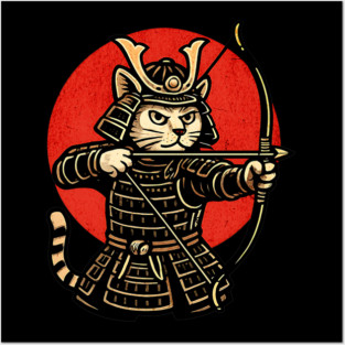 Samurai Cat Archer, Japanese Warrior Neko Vintage Art Gift Posters and Art