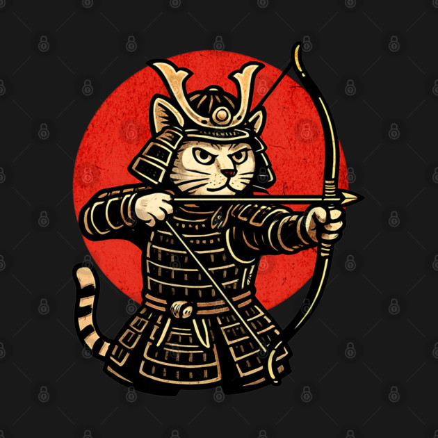 Samurai Cat Archer, Japanese Warrior Neko Vintage Art Gift by Pixel Threads 