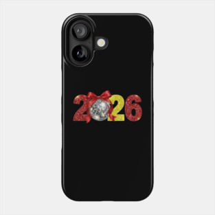 Happy New Year 2026 Disco Ball Red Coquette Bow Phone Case