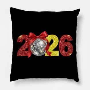 Happy New Year 2026 Disco Ball Red Coquette Bow Pillow