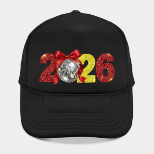Happy New Year 2026 Disco Ball Red Coquette Bow Hat