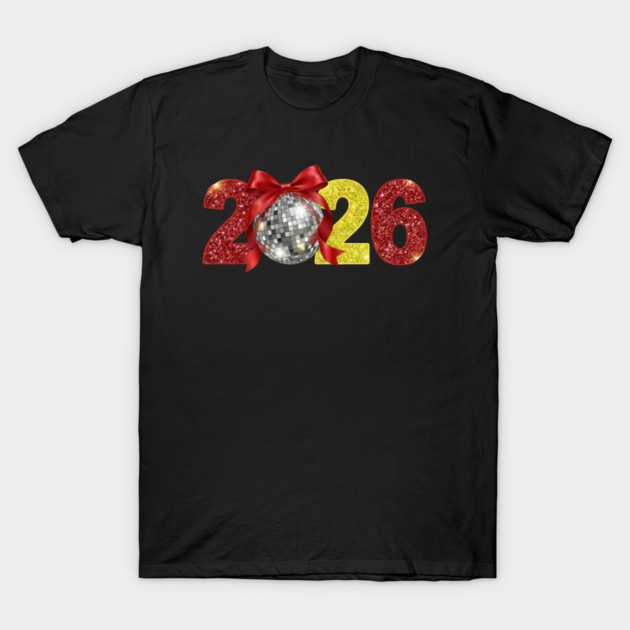 Happy New Year 2026 Disco Ball Red Coquette Bow T-Shirt by Creatifly Graphic Tees