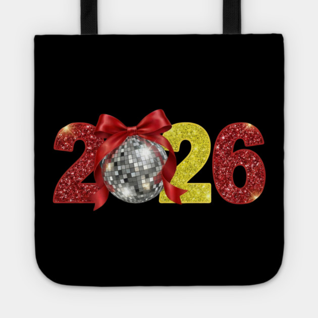 Happy New Year 2026 Disco Ball Red Coquette Bow Tote by Creatifly Graphic Tees