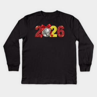 Happy New Year 2026 Disco Ball Red Coquette Bow Kids Long Sleeve T-Shirt
