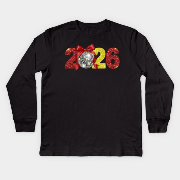 Happy New Year 2026 Disco Ball Red Coquette Bow Kids Long Sleeve T-Shirt by Creatifly Graphic Tees