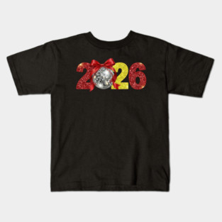 Happy New Year 2026 Disco Ball Red Coquette Bow Kids T-Shirt
