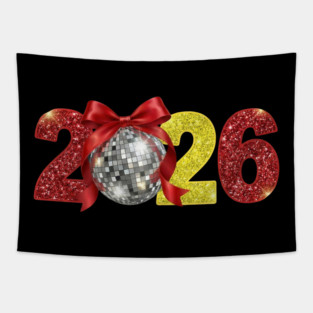Happy New Year 2026 Disco Ball Red Coquette Bow Tapestry