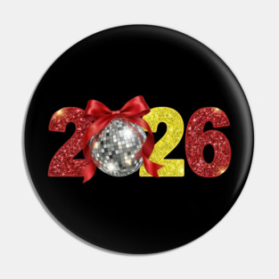 Happy New Year 2026 Disco Ball Red Coquette Bow Pin