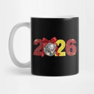Happy New Year 2026 Disco Ball Red Coquette Bow Mug