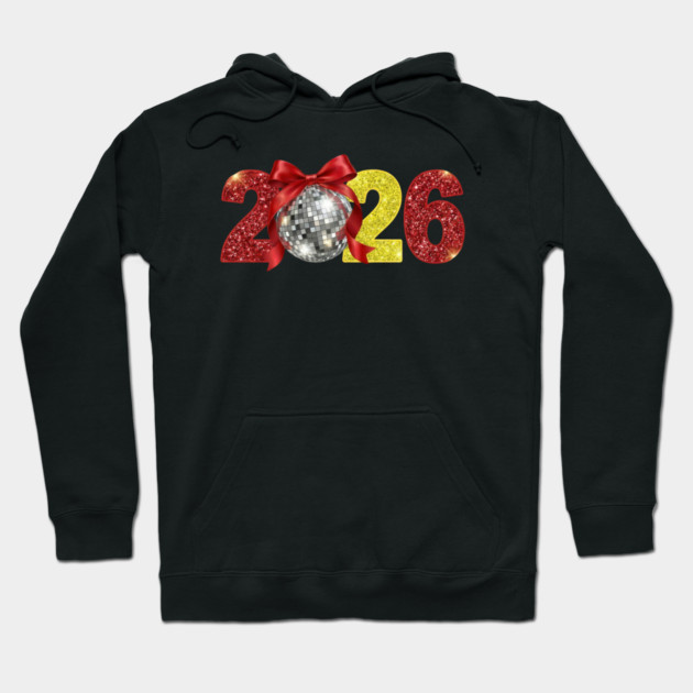 Happy New Year 2026 Disco Ball Red Coquette Bow Hoodie by Creatifly Graphic Tees