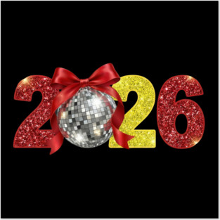 Happy New Year 2026 Disco Ball Red Coquette Bow Posters and Art