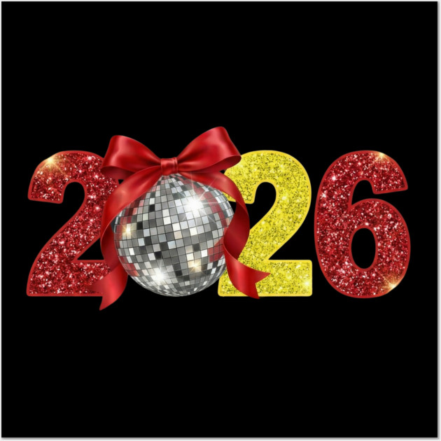 Happy New Year 2026 Disco Ball Red Coquette Bow Wall Art by Creatifly Graphic Tees
