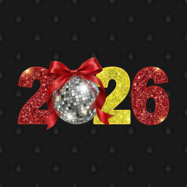 Happy New Year 2026 Disco Ball Red Coquette Bow by Creatifly Graphic Tees