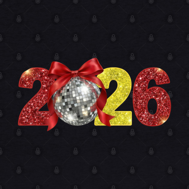 Happy New Year 2026 Disco Ball Red Coquette Bow by Creatifly Graphic Tees