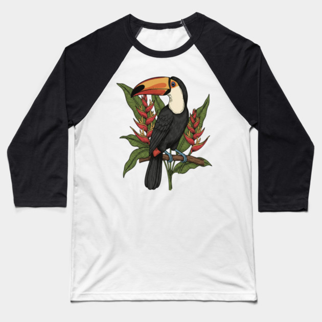 Toco Toucan With Heliconia Blooms Baseball T-Shirt by BirdsnStuff