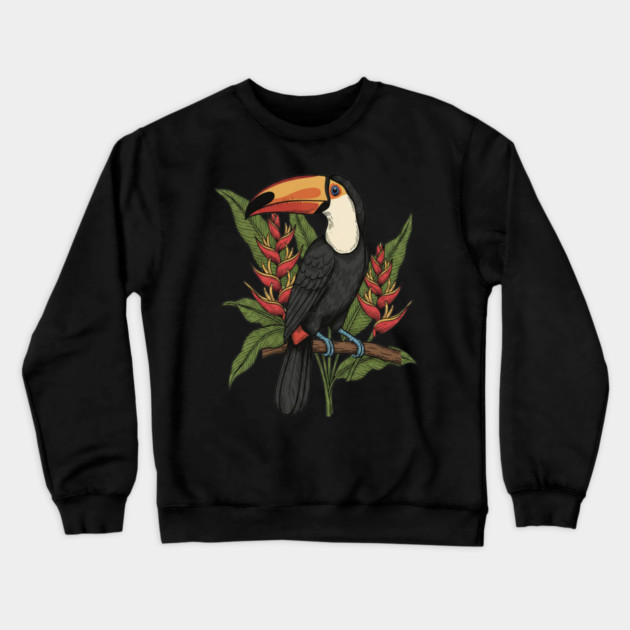 Toco Toucan With Heliconia Blooms Crewneck Sweatshirt by BirdsnStuff