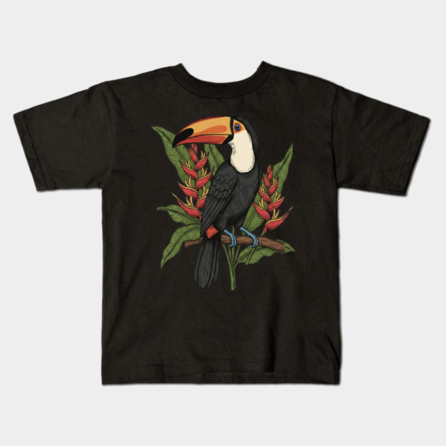 Toco Toucan With Heliconia Blooms Kids T-Shirt by BirdsnStuff