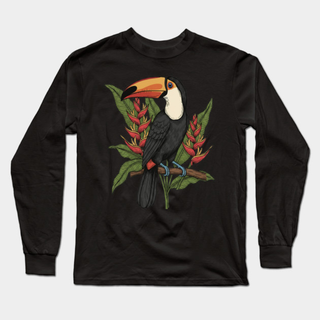 Toco Toucan With Heliconia Blooms Long Sleeve T-Shirt by BirdsnStuff