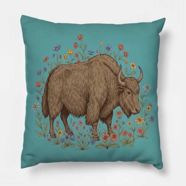 Yak With Wildflowers Illustration Pillow by BirdsnStuff