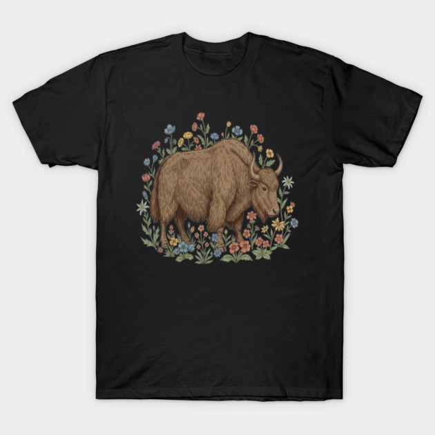 Yak With Wildflowers Illustration T-Shirt by BirdsnStuff