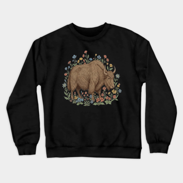 Yak With Wildflowers Illustration Crewneck Sweatshirt by BirdsnStuff