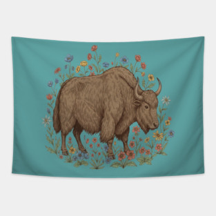 Yak With Wildflowers Illustration Tapestry