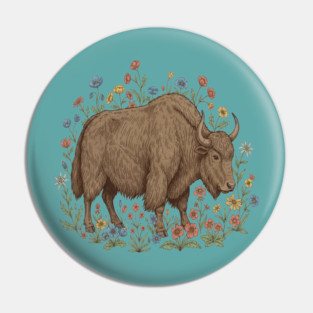 Yak With Wildflowers Illustration Pin