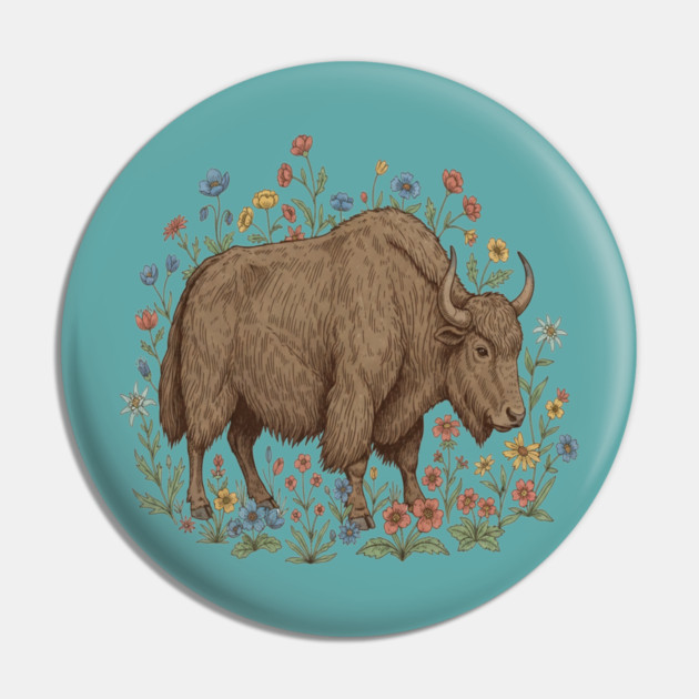 Yak With Wildflowers Illustration Pin by BirdsnStuff