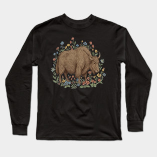 Yak With Wildflowers Illustration Long Sleeve T-Shirt