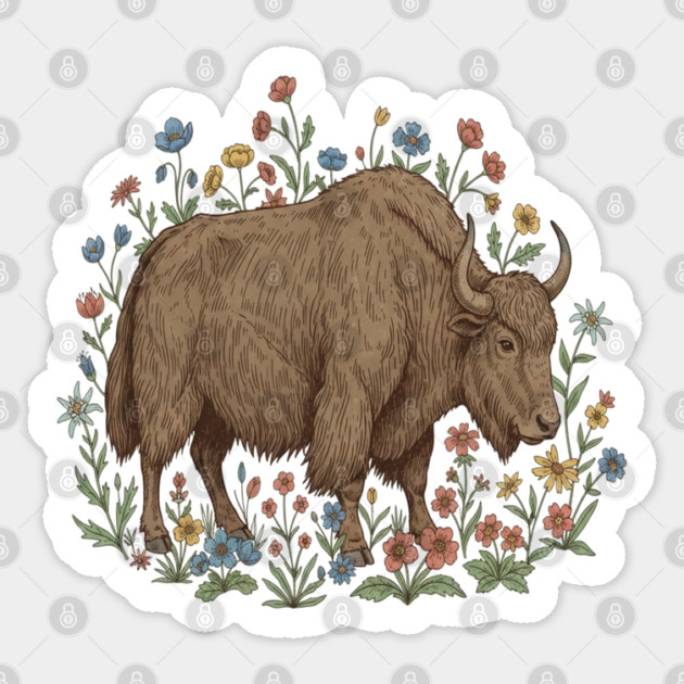 Yak With Wildflowers Illustration Sticker by BirdsnStuff