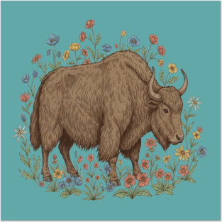 Yak With Wildflowers Illustration Posters and Art