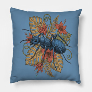 Blue Ant Tropical Illustration Pillow