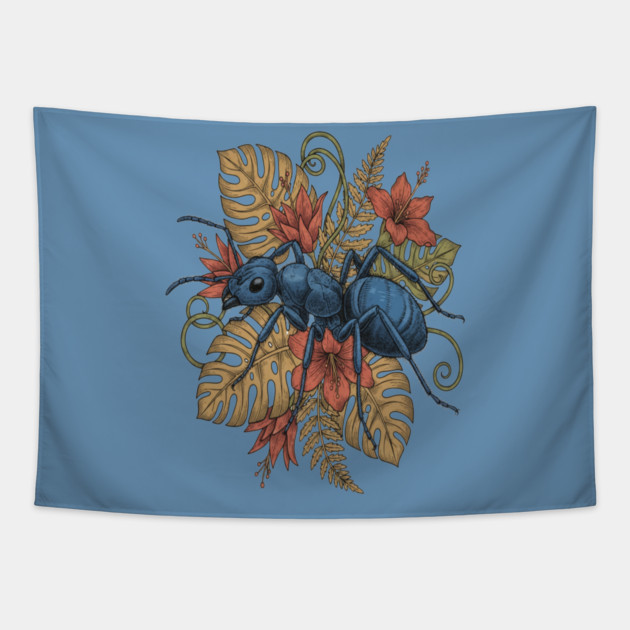 Blue Ant Tropical Illustration Tapestry by BirdsnStuff