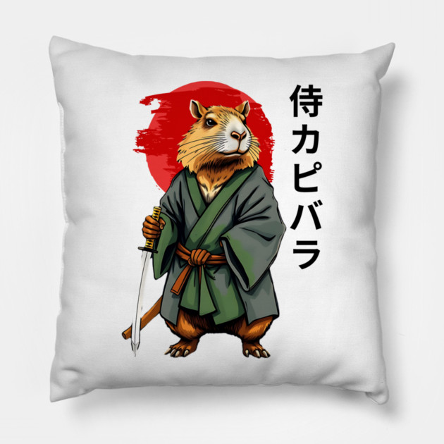 Samurai Capybara Ronin, Vintage Japanese Warrior Zen Animal Gift Pillow by Pixel Threads 