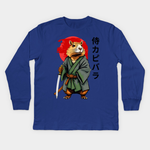 Samurai Capybara Ronin, Vintage Japanese Warrior Zen Animal Gift Kids Long Sleeve T-Shirt by Pixel Threads 