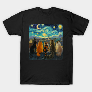 Funny Cat Starry Night Van Gogh Cats Rooftop Scene Feline T-Shirt