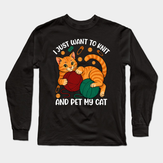 Cute Knitting and Cat Lover Long Sleeve T-Shirt by Fontias
