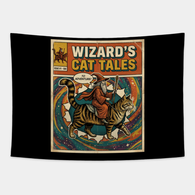 Wizard's Cat Tales To Adventure! Comic Book Vintage Tapestry by ArtistTee ⭐⭐⭐⭐⭐