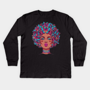 Butterfly Afro Diva Kids Long Sleeve T-Shirt