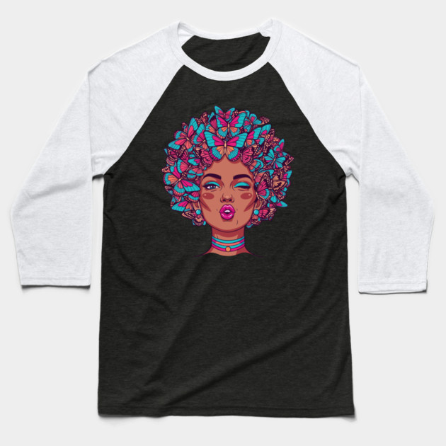 Butterfly Afro Diva Baseball T-Shirt by enrynz