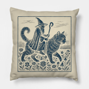 Wizard Cat Ride Fantasy Witchy Humor Pillow