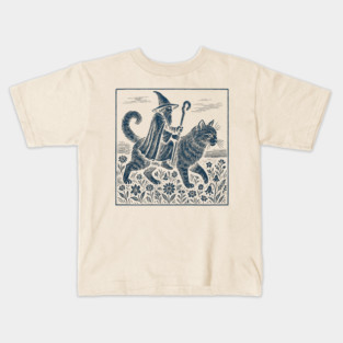 Wizard Cat Ride Fantasy Witchy Humor Kids T-Shirt