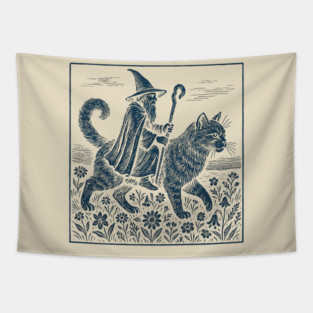 Wizard Cat Ride Fantasy Witchy Humor Tapestry