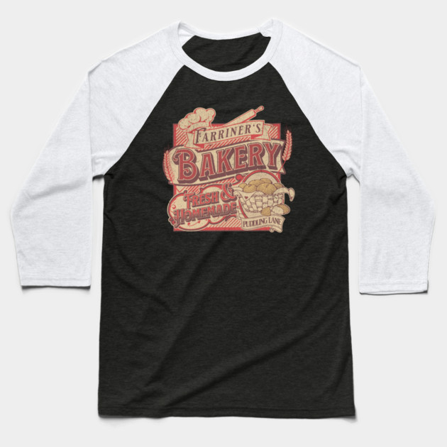Farriner’s Bakery Vintage Pudding Lane Retro London Art Baseball T-Shirt by Yesteeyear