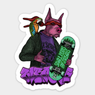 Crazy Dog with Parrot and Skateboard Sticker