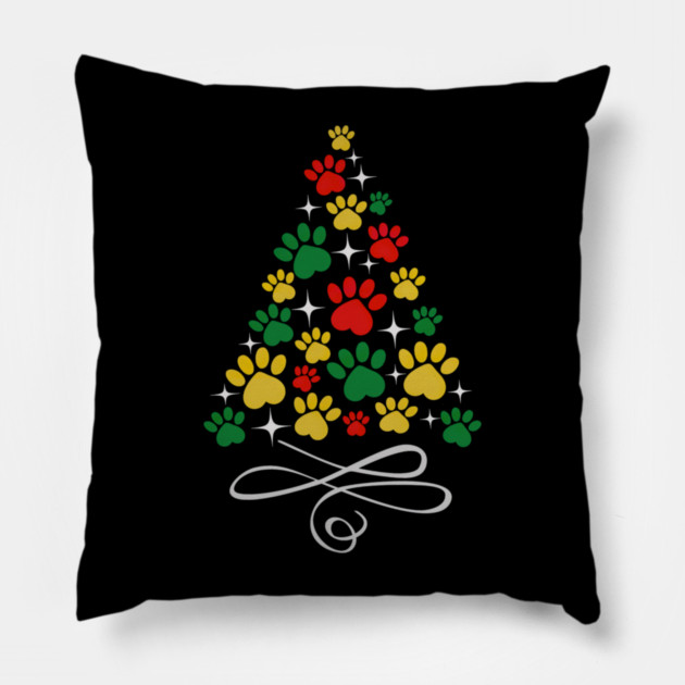 Dog Christmas Paw Print Dogs Cat Christmas Tree Cats Pillow by yangho