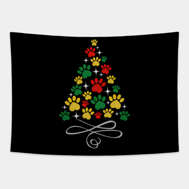 Dog Christmas Paw Print Dogs Cat Christmas Tree Cats Tapestry by yangho