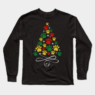 Dog Christmas Paw Print Dogs Cat Christmas Tree Cats Long Sleeve T-Shirt