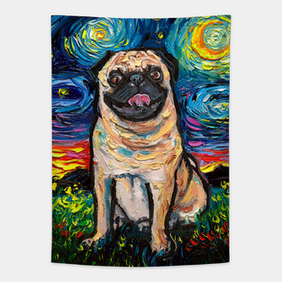 Happy Fawn Pug Starry Night Tapestry